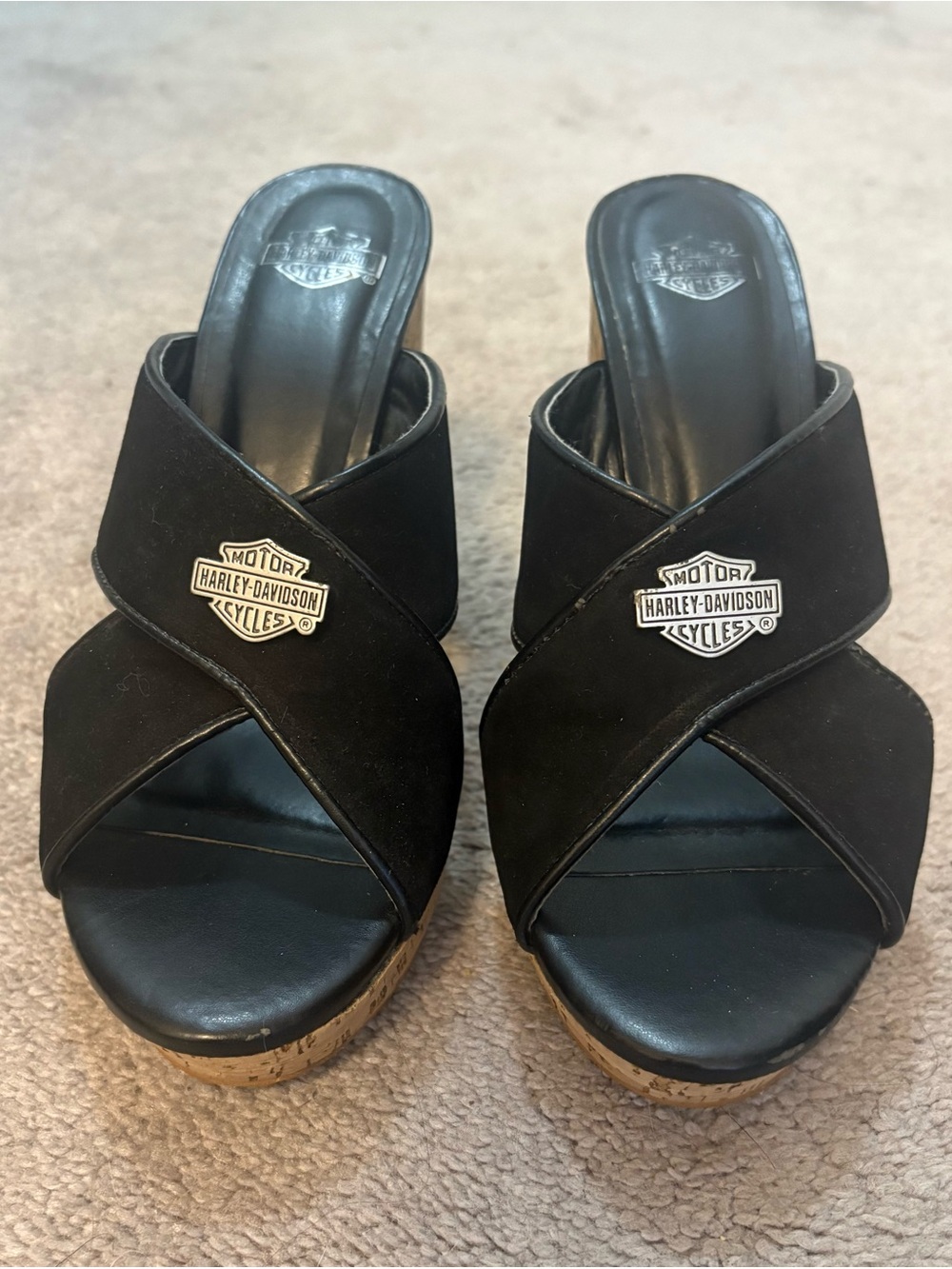 Harley-Davidson Black Crisscross Cork Wedge Sandals